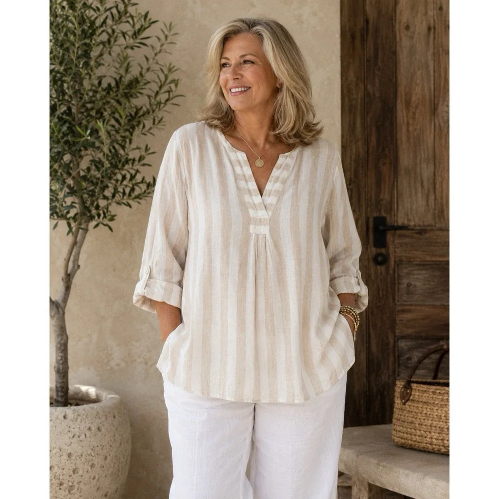 Antibes Blanc 100% Linen Tunic Top Size 3X Beige White Stripe Roll Tab Sleeve